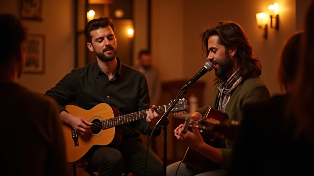 Intimate folk music performance in Prague venue with warm lighting and seated audience
