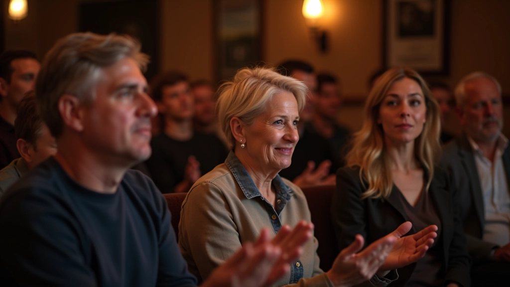 Diverse audience members of various ages listening attentively and applauding during performance