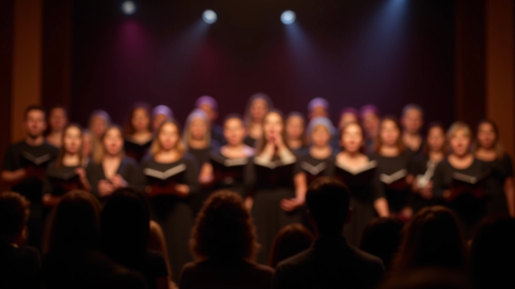 Diverse group of choir singers performing on stage with warm lighting during evening concert