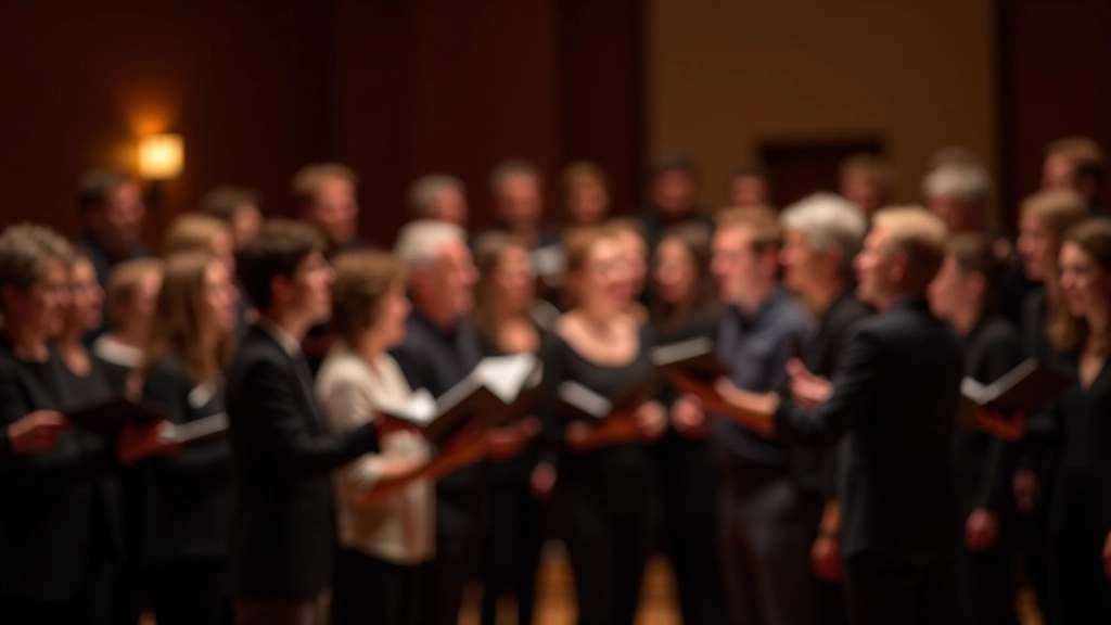 Community choir members singing together during performance with sheet music visible