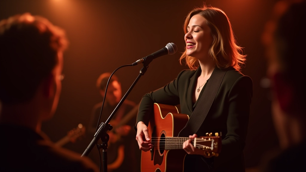 Performer singing passionately into microphone with acoustic guitar under warm stage lighting