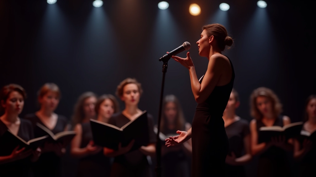 Solo vocalist performing with microphone while choir members stand behind providing harmonic support