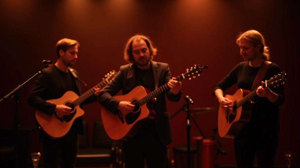 Folk musicians with acoustic guitars performing together in cozy venue setting