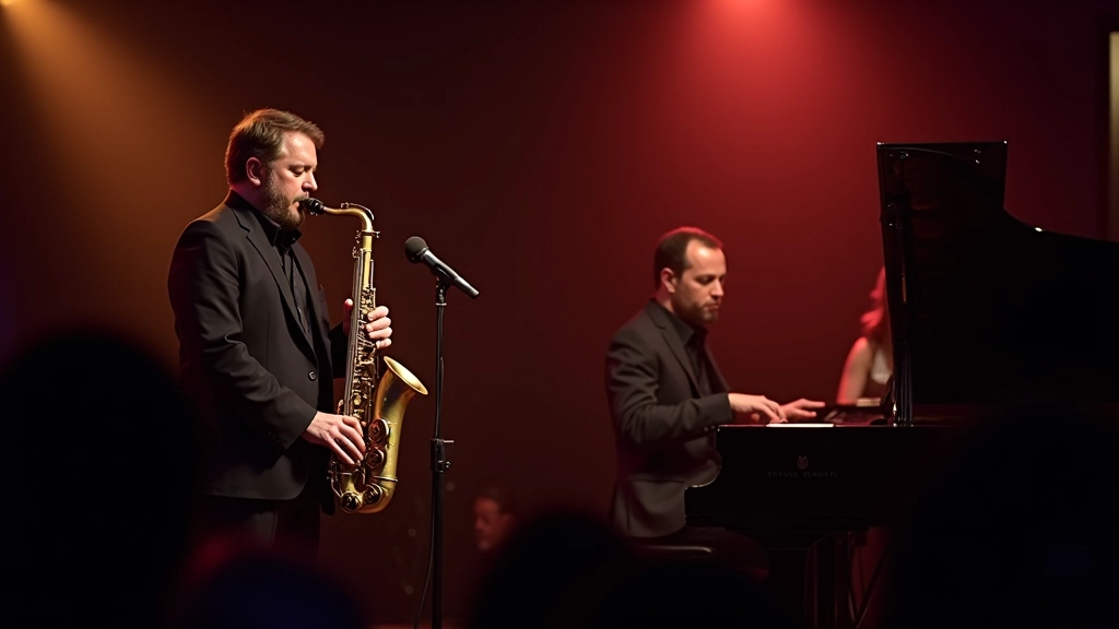 Jazz musicians performing together on a small intimate club stage with warm lighting and attentive audience members