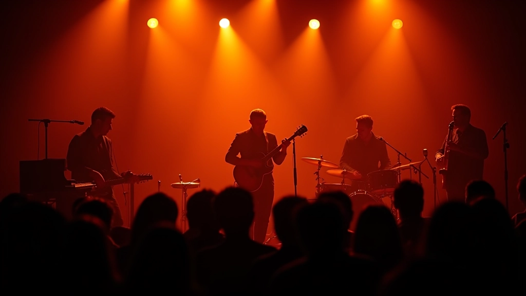 Live jazz band performing on stage with warm amber lighting and attentive audience