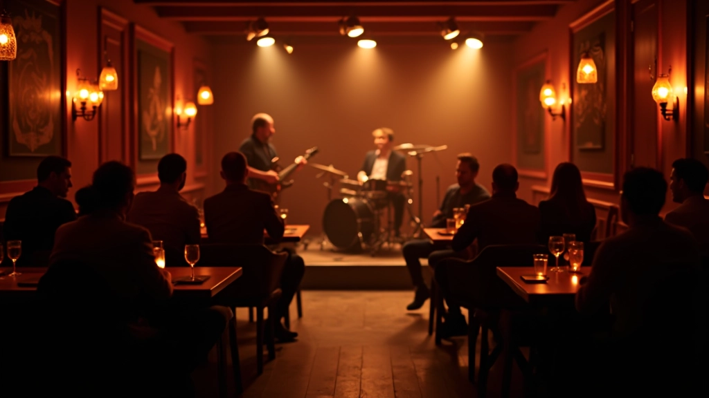 Crowded jazz club interior with patrons enjoying drinks and conversation while musicians perform on stage