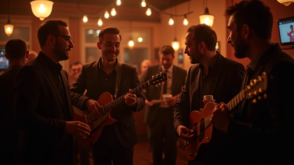 Musicians taking a break between sets, conversing with audience members at tables in casual jazz club setting
