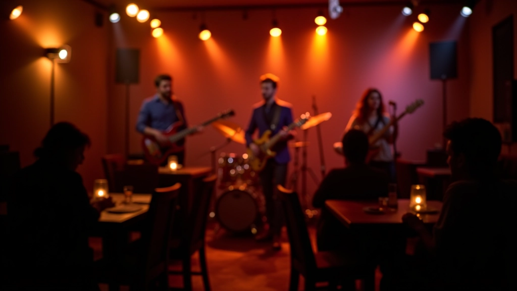 Live jazz performance with musicians on stage, intimate club atmosphere with warm lighting