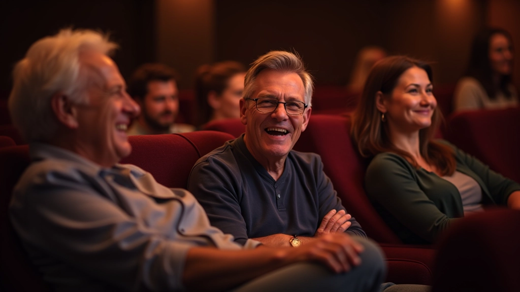 Diverse group of adults in their 50s enjoying a concert together, laughing and conversing in a comfortable venue setting