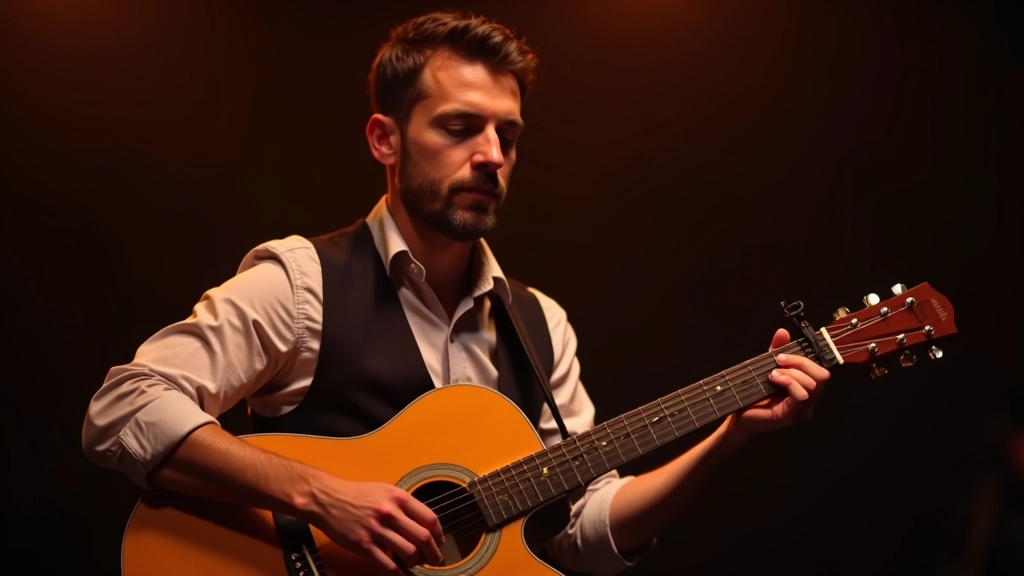 Folk guitarist tuning instrument before evening performance in concert hall