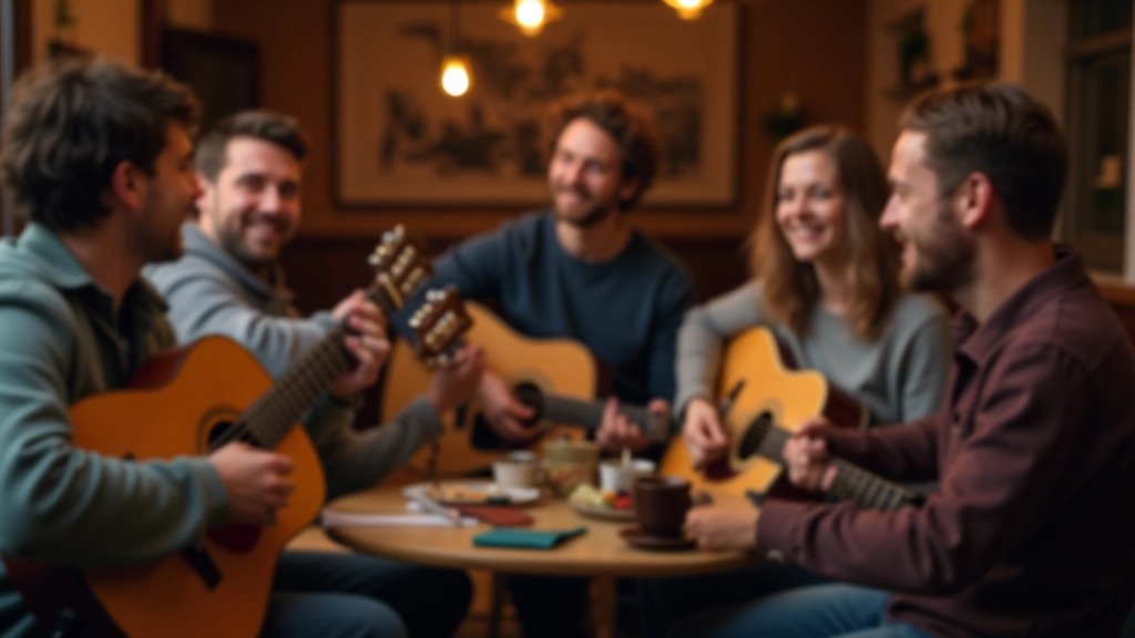 Musicians gathered informally sharing instruments and smiling together in casual jam setting