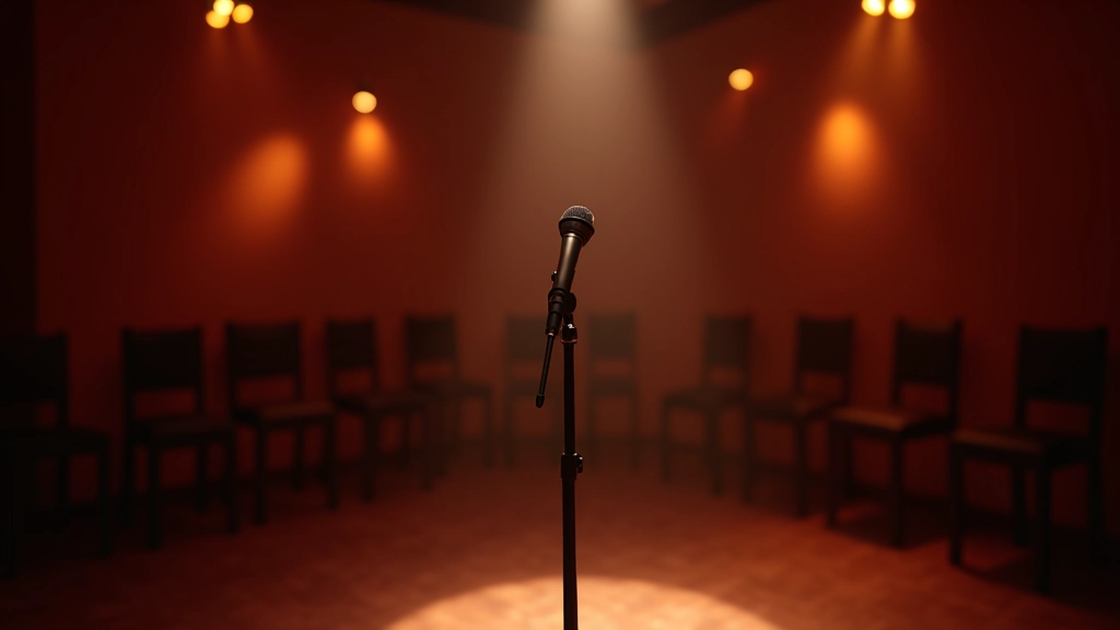 Open mic stage with microphone and empty chairs in welcoming performance space