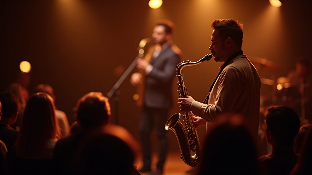 Live jazz performance with saxophonist and band in intimate venue setting with warm stage lighting