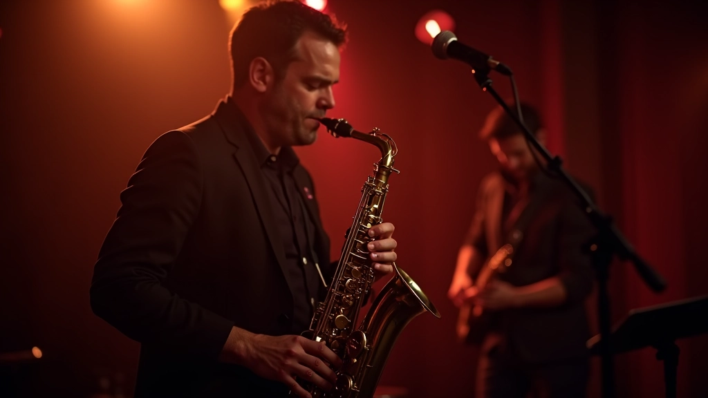 Saxophonist performing solo in intimate jazz club with soft stage lighting
